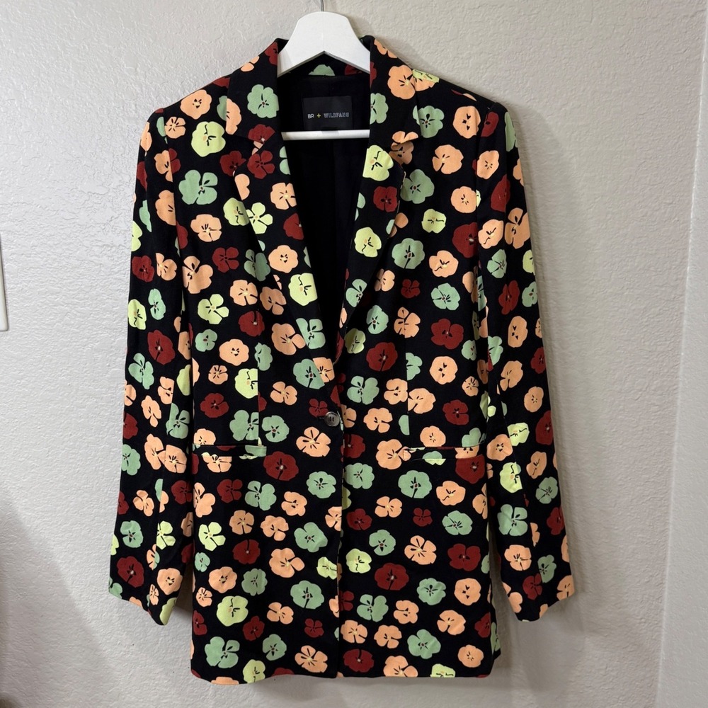 BP + Wildfang Floral Blazer XS Black Colorful Print Dopamine Indie Artsy *FLAW
